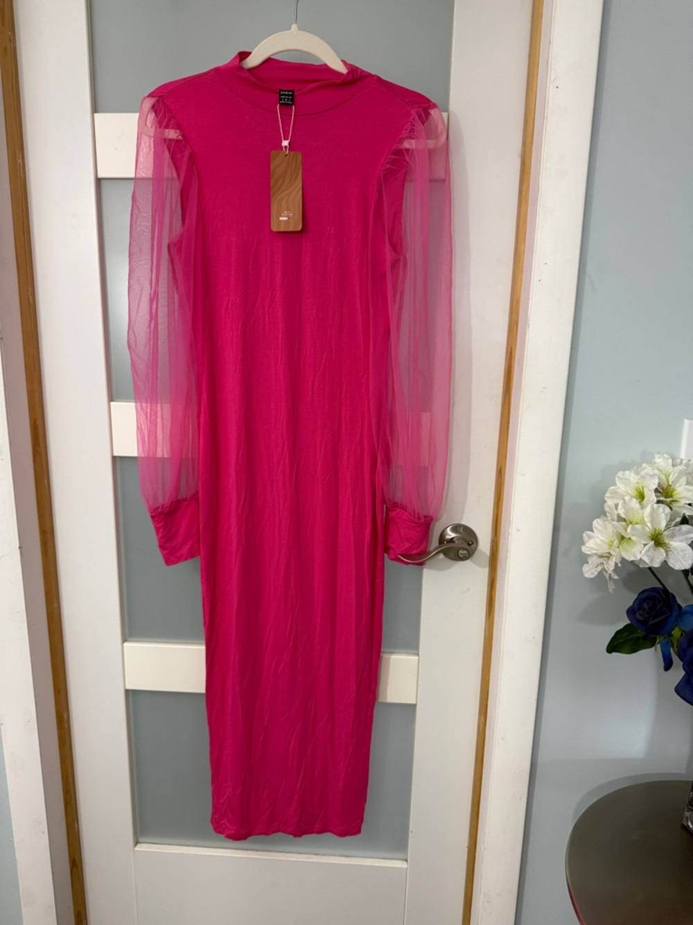 SHEIN Hot Pink Long Sleeve Midi Dress with Sheer Puff Sleeves